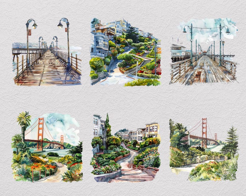 May include: A collection of six watercolor illustrations depicting San Francisco landmarks, including wooden piers, the winding Lombard Street, and the Golden Gate Bridge, featuring vibrant green foliage, blue skies, and detailed architectural elements.