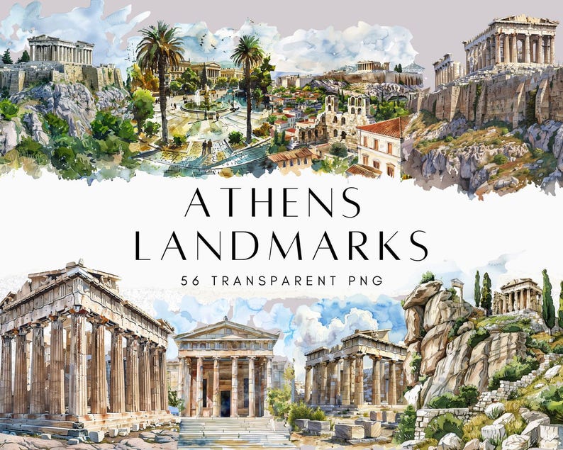 Athens Landmarks Clipart, Watercolour City Clipart Bundle, Around the ...