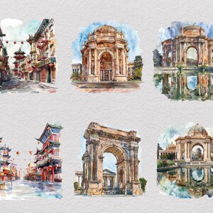 May include: A collection of six watercolor illustrations depicting various architectural landmarks and street scenes. The images feature detailed renderings of city streets, ornate archways, and domed structures with reflections in water, rendered in vibrant colors.