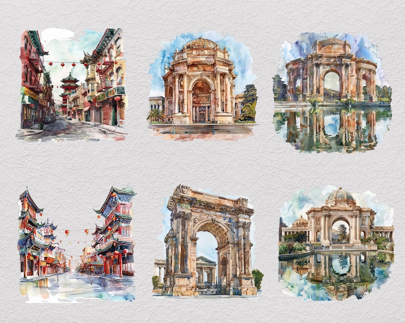 May include: A collection of six watercolor illustrations depicting various architectural landmarks and street scenes. The images feature detailed renderings of city streets, ornate archways, and domed structures with reflections in water, rendered in vibrant colors.