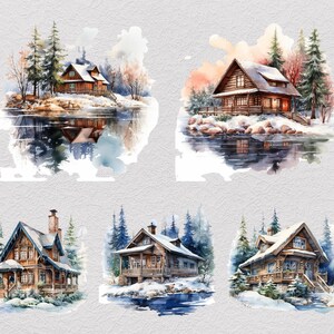 冬のキャビンのクリップアート32点セット、居心地の良いログキャビンPNG、雪山の隠れ家クリップアート、デジタルダウンロード 画像 3
