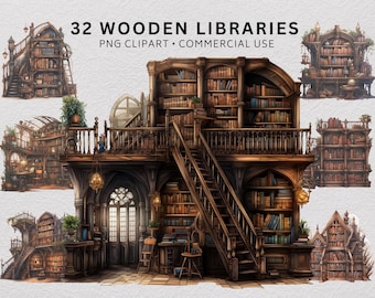 Puede incluir: Una colección de 32 ilustraciones de bibliotecas de madera con estanterías de varios niveles, puertas arqueadas, escaleras y libros detallados. El texto 32 WOODEN LIBRARIES PNG CLIPART COMMERCIAL USE aparece en la parte superior.