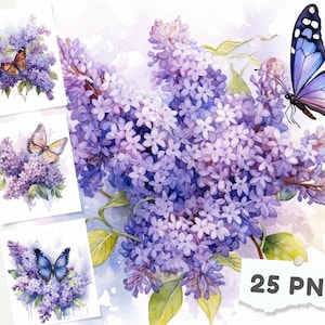 25 Mariposas de acuarela en lilas PNG, Descarga digital Mariposas florales Artesanías de papel Elaboración digital Diario basura Paquete de arte PNG