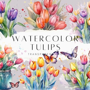 50 Watercolor Tulip Clip Art, Tulip Floral Bouquets in PNG Format Instant Download for Commercial Use for Wedding Invitation Clipart