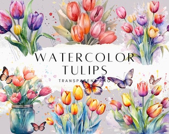Pacchetto di 50 clipart di tulipani, bouquet floreale primaverile ad acquerello in formato PNG, clipart di fiori per matrimoni, download digitale
