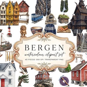 Peut inclure: Une collection d'illustrations à l'aquarelle présentant des éléments sur le thème de Bergen, notamment des maisons en bois colorées, une église en bois debout, un bateau de pêche, un phare, un troll, un pull, du poisson séché et un panneau.