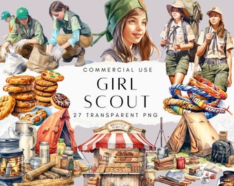 27 Watercolor Girl Scout Clipart, Girl Scout Clip Art PNG Graphics, Digital Stickers, Junk Journal, Instant Download, Commercial Use