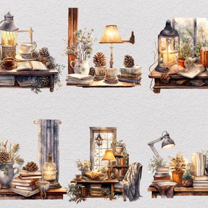 37 Vinterstudie Clipart Bundle, Akvarell Mysig Läsning PNG, Snöig Fönster Skrivbordsscen, Dark Academia Cottagecore, Digital Nedladdning bild 4