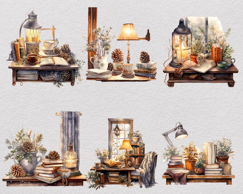 37 Vinterstudie Clipart Bundle, Akvarell Mysig Läsning PNG, Snöig Fönster Skrivbordsscen, Dark Academia Cottagecore, Digital Nedladdning bild 4