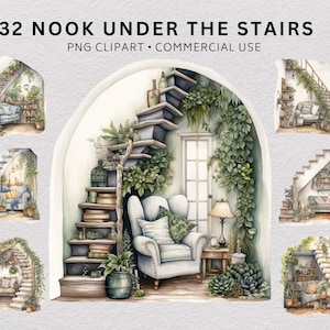 Leseecke unter der Treppe Clipart, Bücher Clipart, Cosy Clipart, Vintage Braun Stapel Bücher, Cottagecore Clipart, Reading, Bücherwurm