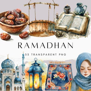 Ramadan Clipart, Watercolour Ramadan Clipart Bundle, Islamic Clipart, Festive Clipart, Mosque PNG, Qur’an Clipart, Muslim Clipart, Dates PNG