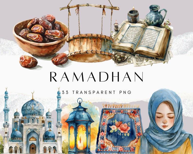 May include: A watercolor illustration of Ramadan themed items, including a mosque, a lantern, a prayer rug, dates, a well, a book, and a woman wearing a headscarf. The illustration is in a light blue, yellow, and brown color scheme.