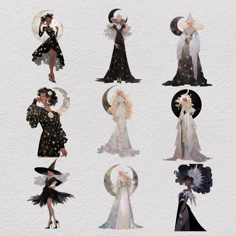 45 Moonlight Queens Clipart Bundle, Queen of Halloween, Vintage Witch