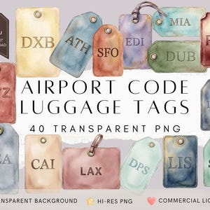 May include: A collection of watercolour-style luggage tags featuring various airport codes like DXB, ATH, SFO, EDI, MIA, FRA, YYZ, ICN, SEA, CAI, LAX, DPS, LIS, and SIN. The tags are rectangular with rounded corners, metal eyelets, and leather straps.