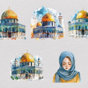 May include: Watercolor painting of a mosque with a golden dome and blue and green details. The mosque is surrounded by a watercolor background.