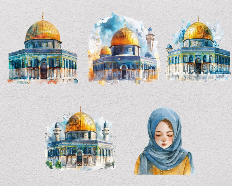 May include: Watercolor painting of a mosque with a golden dome and blue and green details. The mosque is surrounded by a watercolor background.