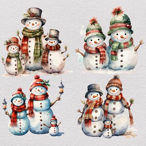 Pu&ograve; includere: Una collezione di illustrazioni di pupazzi di neve in stile acquerello che mostrano vari gruppi con cappelli, sciarpe e muffole. Alcuni pupazzi tengono in mano lanterne, mentre altri sono decorati con rametti di agrifoglio. Sono bianchi.