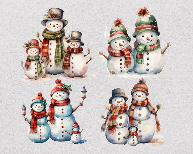 Pu&ograve; includere: Una collezione di illustrazioni di pupazzi di neve in stile acquerello che mostrano vari gruppi con cappelli, sciarpe e muffole. Alcuni pupazzi tengono in mano lanterne, mentre altri sono decorati con rametti di agrifoglio. Sono bianchi.