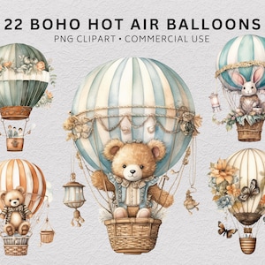 Boho Hot Air Balloons Clipart, Bear in Air Balloon PNG, Nursery Decor PNG, Bunny on Hot Air Balloon, Teddy Bear, Cut Bunny PNG, Nursery png