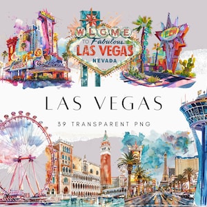 Imágenes Prediseñadas de Las Vegas, paquete de imágenes prediseñadas de la ciudad de acuarela, imágenes prediseñadas de todo el mundo, imágenes prediseñadas históricas, PNG de destino, PNG de Hollywood, PNG de Broadway