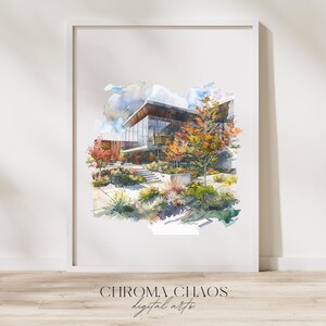 May include: A framed watercolor print featuring a modern building with large glass windows, surrounded by autumn trees with orange and yellow foliage, a stone staircase, and landscaping. The text CHROMA CHAOS digital arts appears below.
