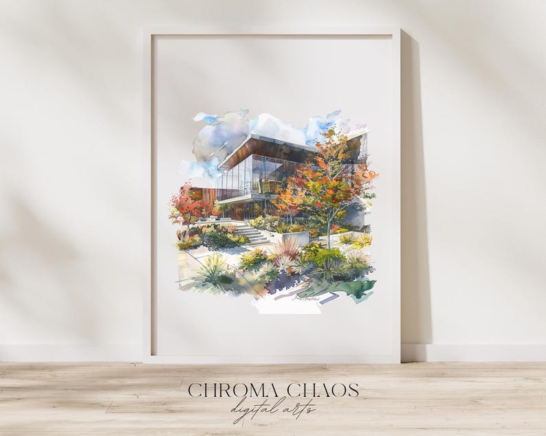 May include: A framed watercolor print featuring a modern building with large glass windows, surrounded by autumn trees with orange and yellow foliage, a stone staircase, and landscaping. The text CHROMA CHAOS digital arts appears below.