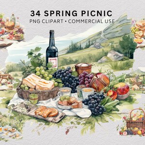 Watercolour Cozy Spring Clipart Bundle, Picnic Clipart, Cozy Clipart, Cottagecore Clipart, Picnic Basket, Spring Picnic Clipart, Blanket PNG