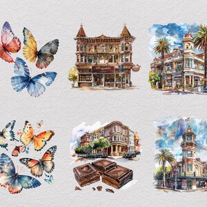 May include: A collection of watercolor illustrations featuring various butterflies in shades of blue, orange, and red, alongside detailed architectural renderings of historic buildings, palm trees, and a stack of dark brown chocolate squares.
