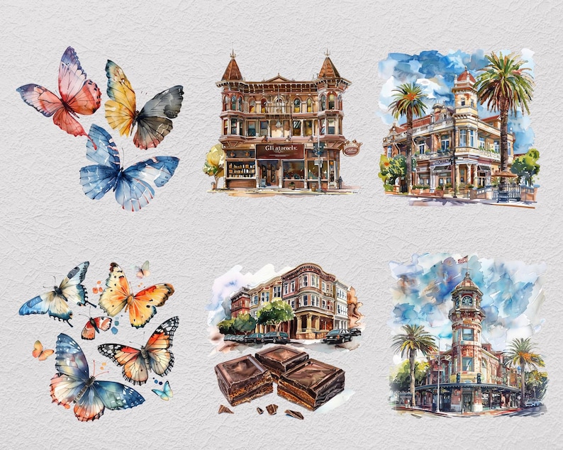 May include: A collection of watercolor illustrations featuring various butterflies in shades of blue, orange, and red, alongside detailed architectural renderings of historic buildings, palm trees, and a stack of dark brown chocolate squares.