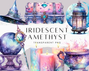 Paquete de 44 imágenes prediseñadas de amatista iridiscente, PNG de cristal holográfico, imágenes prediseñadas de piedras preciosas brillantes, descarga digital