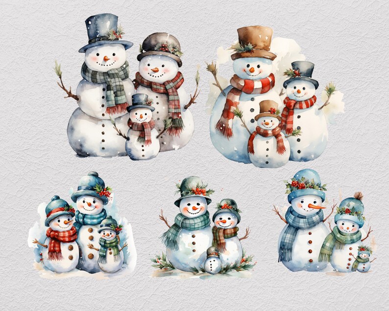 Pu&ograve; includere: Una collezione di illustrazioni ad acquerello raffiguranti vari gruppi di pupazzi di neve che indossano cappelli e sciarpe a quadri. Ogni pupazzo ha un naso a carota, bottoni di carbone e braccia di ramoscelli, decorati con bacche e aghi di pino.