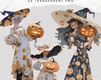 23 Vintage Halloween Girl clipart bundle, rustic pumpkin, vintage witch, vintage illustration, scrapbooking, folk art, chic, cottagecore