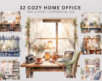 32 Cozy Home Office Clipart Bundle, Books Clipart, Cozy Clipart, Vintage Brown Pile of Books, Cottagecore Clipart, Reading, Bookworm