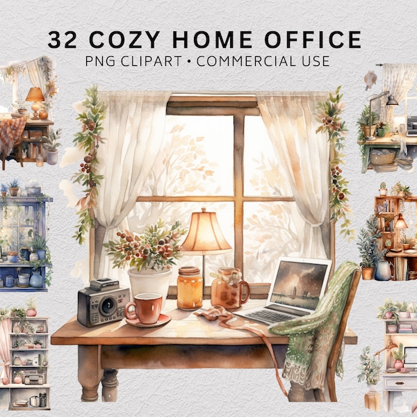 32 Cozy Home Office Clipart Bundle, Books Clipart, Cozy Clipart, Vintage Brown Pile of Books, Cottagecore Clipart, Reading, Bookworm