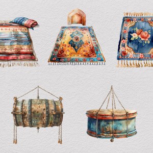 May include: A set of five watercolor illustrations featuring traditional Turkish and Middle Eastern home decor items. The set includes three rugs with intricate patterns, a wooden barrel hanging from a chain, and a drum with a blue and red design.