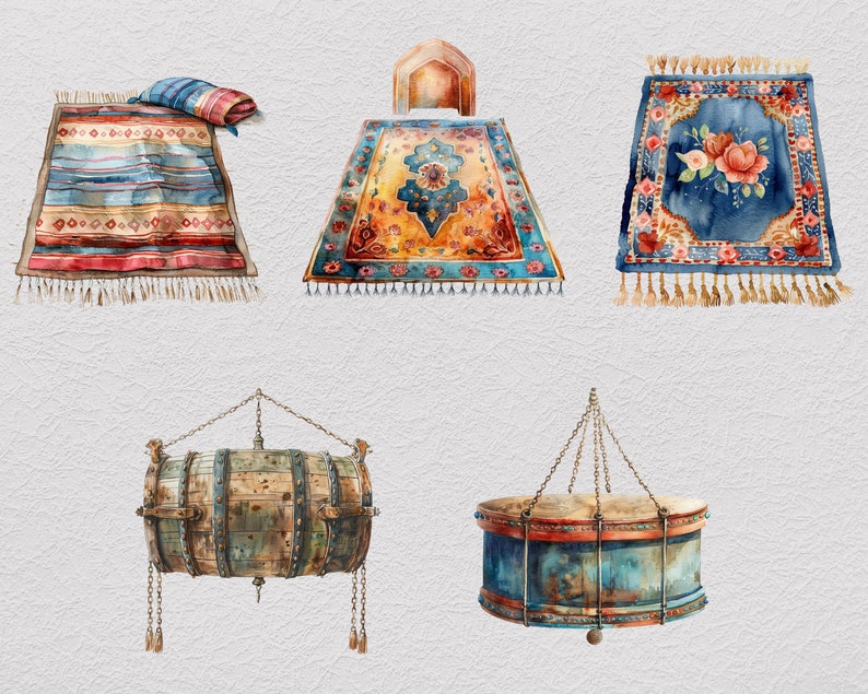 May include: A set of five watercolor illustrations featuring traditional Turkish and Middle Eastern home decor items. The set includes three rugs with intricate patterns, a wooden barrel hanging from a chain, and a drum with a blue and red design.