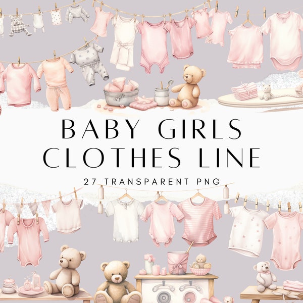 Baby Girl Clothes Line Clipart Bundle, Invitation Decor, Wall Decor, Nursery Decor PNG, Baby Room Clipart, Digital Sticker by ChromaChaos
