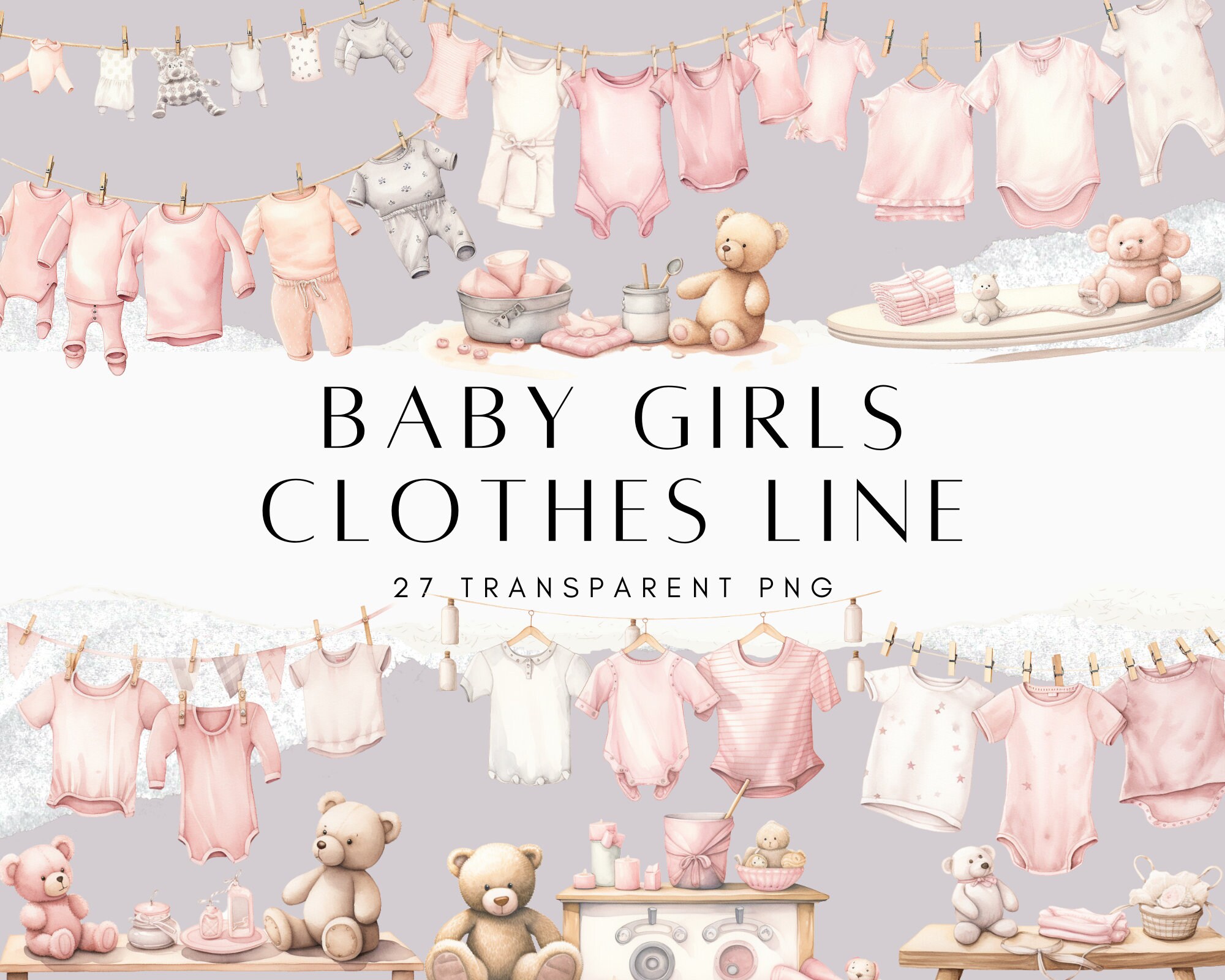 Baby Girl Clothes Line Clipart Bundle, Invitation Decor, Wall Decor