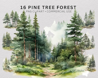 Pine Tree Forest Clipart Bundle, Watercolour Mountain Nature PNG, Woodland Camping Scene, Nature Junk Journal Digital Download