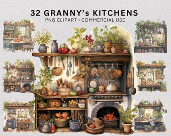 Granny's Kitchen Clipart Bundle, Watercolour Vintage Pantry PNG, Cosy Cottage Kitchen Scene, Cottagecore Junk Journal Digital Download
