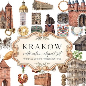 May include: A collection of watercolor illustrations featuring Krakow landmarks, including a red brick castle, a horse-drawn carriage, a wooden cabin, a rooster, and traditional food. The central text reads KRAKOW watercolour clipart set 40 PIECES 300 DPI TRANSPARENT PNG.