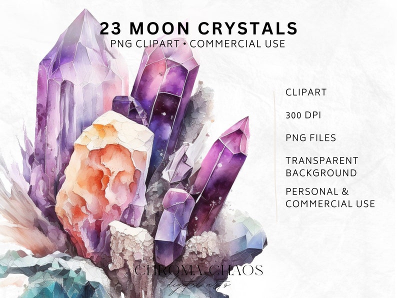 23 Moon Crystals Clip Art, Transparent PNG, Beautiful Witchy Watercolor ...