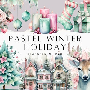 Op de afbeelding: Pastelkleurige aquarel illustraties van winterse feestdagenelementen, waaronder een kerstboom, een hert, een huis, kaarsen, ornamenten en een kous. De tekst "PASTEL WINTER HOLIDAY TRANSPARENT PNG" wordt weergegeven op een witte achtergrond.