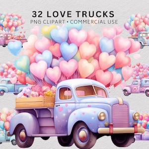 Love Trucks Clipart PNG Sublimation Bundle, Valentine Clipart, Truck PNG, Transparent Watercolour Clip Art, Design Prints, Commercial Use
