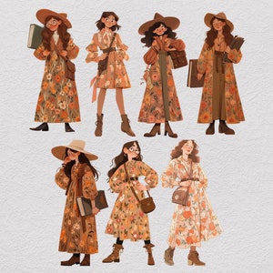 K&ouml;nnte beinhalten: Sieben Frauen in Blumenkleidern und H&uuml;ten. Die Kleider sind in Braun-, Orange- und Gelbt&ouml;nen mit Blumenmustern gehalten. Die H&uuml;te sind in verschiedenen Stilen, darunter Hexenh&uuml;te, breitkrempige H&uuml;te und Glockenh&uuml;te.