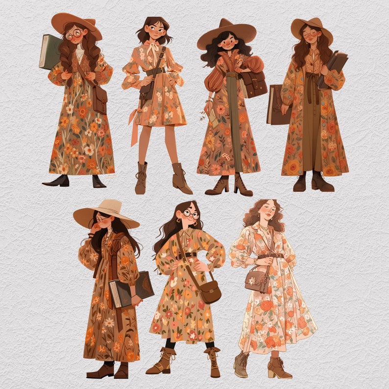 K&ouml;nnte beinhalten: Sieben Frauen in Blumenkleidern und H&uuml;ten. Die Kleider sind in Braun-, Orange- und Gelbt&ouml;nen mit Blumenmustern gehalten. Die H&uuml;te sind in verschiedenen Stilen, darunter Hexenh&uuml;te, breitkrempige H&uuml;te und Glockenh&uuml;te.