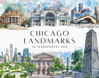 Puede incluir: Una ilustración de acuarela de monumentos de Chicago, incluyendo la Willis Tower, el Art Institute of Chicago, la escultura Cloud Gate y el Wrigley Building. La ilustración está sobre un fondo azul claro con nubes blancas.