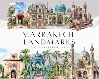 Pacote de Clipart de Marrakech, Aquarela da cidade marroquina em PNG, Palácio Bahia, Mesquita Koutoubia, Souk da Medina, Pontos turísticos marroquinos para download digital.