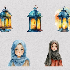 May include: Two women wearing headscarves, one blue and one gray, with three blue and gold lanterns with lit candles inside.