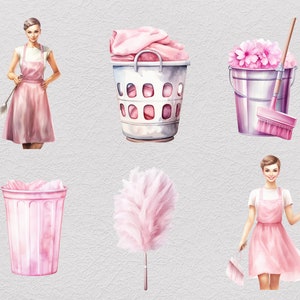 May include: A set of pink cleaning supplies, including a dustpan, a broom, a duster, a laundry basket, a bucket, and two women wearing pink cleaning outfits.
